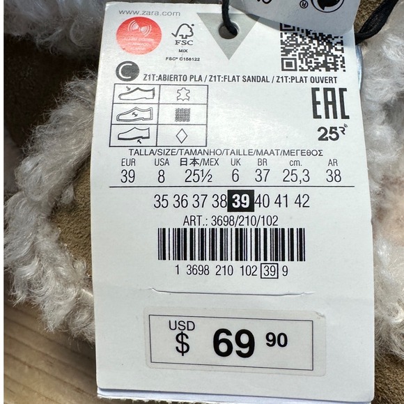 ZARA Women's Fur Lined Buckle Strap Flat Sandals‎ Tan Size US 8 EUR 39 - Picture 3 of 6